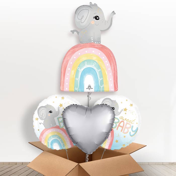 Baby Elephant with Rainbow Helium Balloon in a Box-1 x Giant Balloon and 2 Themed Balloons and 1 Plain Balloon 