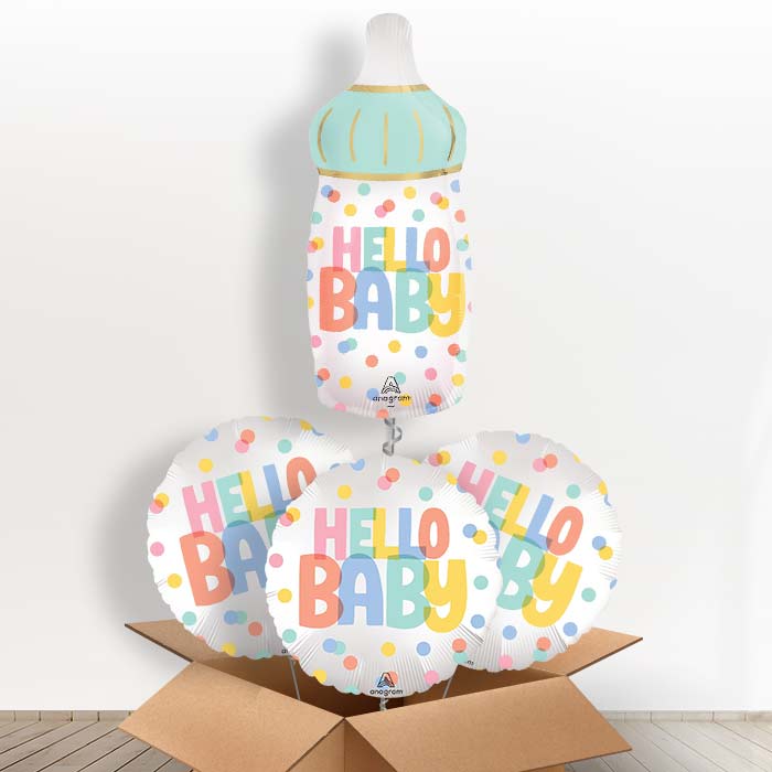 Hello Baby Bottle Helium Balloon in a Box - with 3 Themed Balloons | Party Save Smile