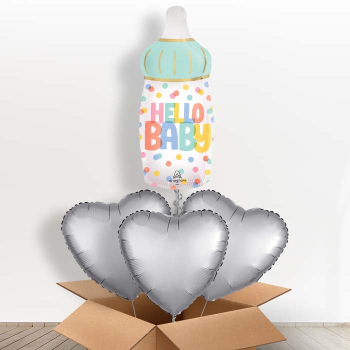 Hello Baby Bottle Helium Balloon in a Box - with 3 Plain Balloons | Party Save Smile