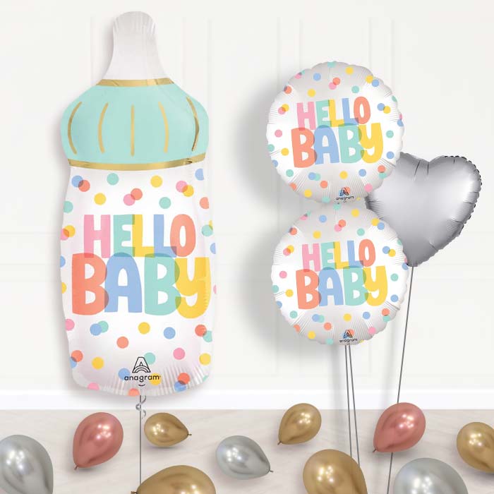Hello Baby Bottle Balloon Bouquet Delivery-Giant Balloon + 2 Themed Balloons + 1 Plain Balloon + Mini Balloons 