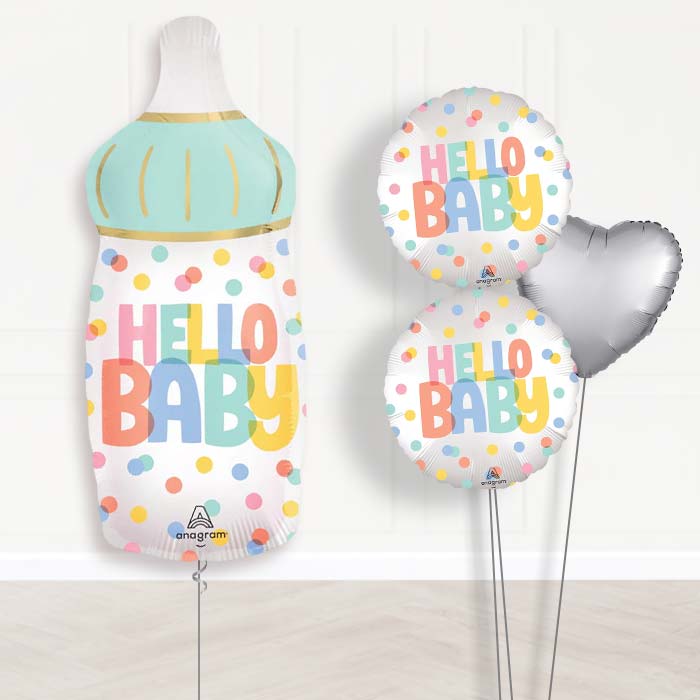 Hello Baby Bottle Balloon Bouquet Delivery-Giant Balloon + 2 Themed Balloons + 1 Plain Balloon 