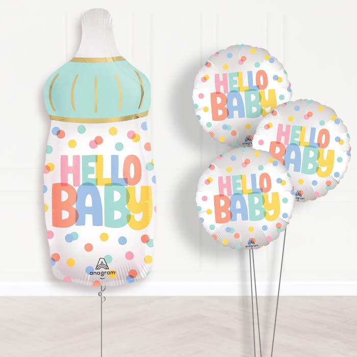 Hello Baby Bottle Balloon Bouquet Delivery - 1 x Giant Balloon with Themed Bouquet | Party Save Smile