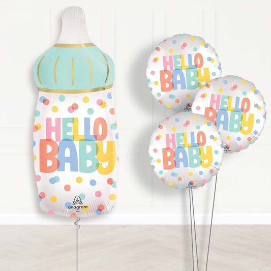 Hello Baby Bottle Balloon Bouquet Delivery - 1 x Giant Balloon with Themed Bouquet | Party Save Smile