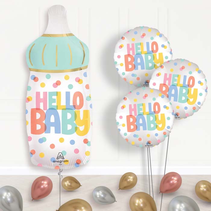 Hello Baby Bottle Balloon Bouquet Delivery - 1 x Giant Balloon with Themed Bouquet and Latex | Party Save Smile