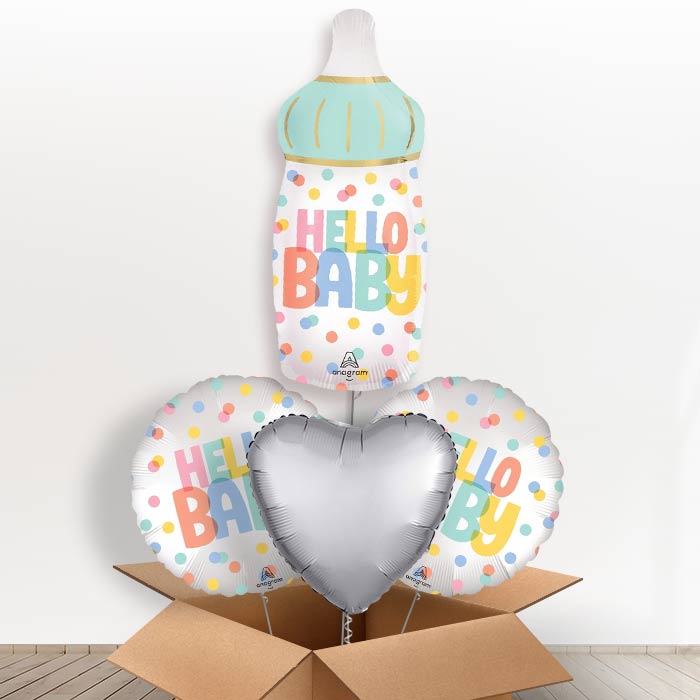 Hello Baby Bottle Helium Balloon in a Box-1 x Giant Balloon and 2 Themed Balloons and 1 Plain Balloon 