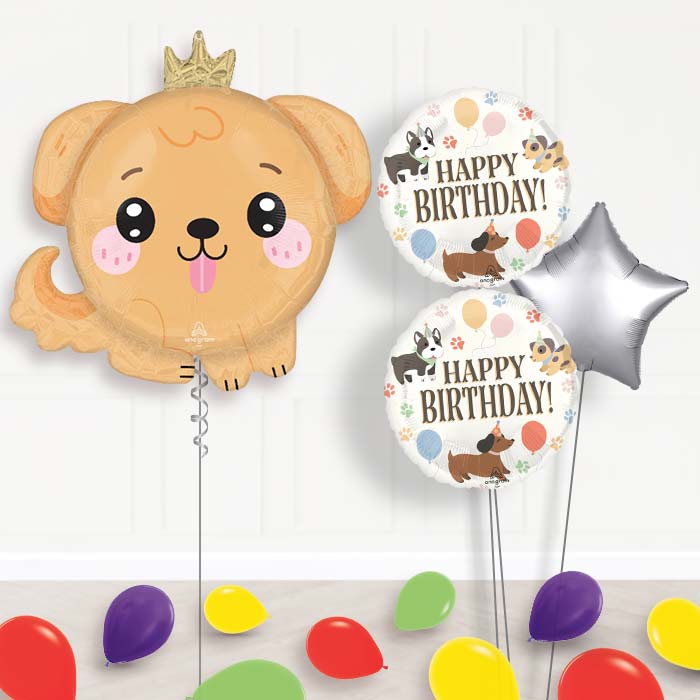 Kawaii Puppy Helium Balloon Bouquet Delivery-Giant Balloon + 2 Themed Balloons + 1 Plain Balloon + Mini Balloons 