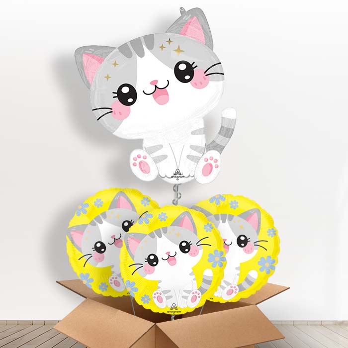 Kawaii Kitten Giant Helium Balloon in a Box - with 3 Themed Balloons | Party Save Smile
