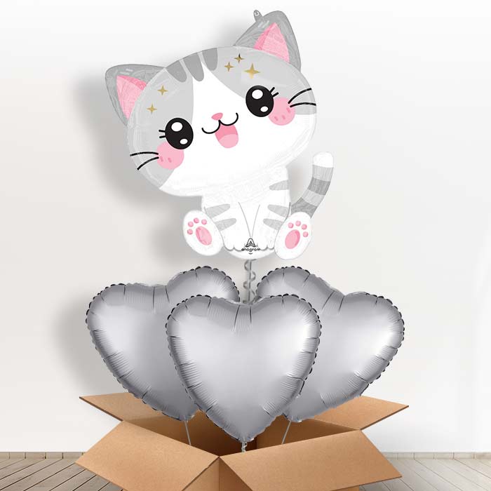 Kawaii Kitten Giant Helium Balloon in a Box - with 3 Plain Balloons | Party Save Smile