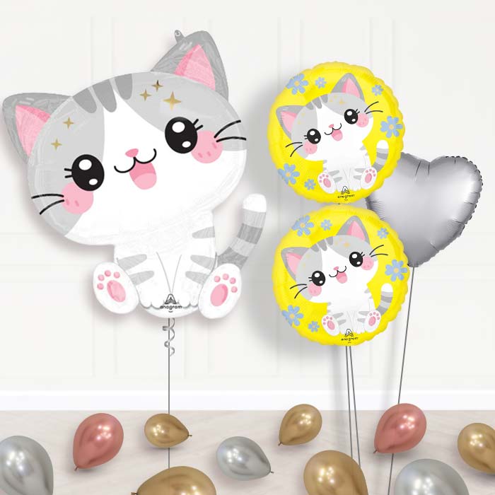 Kawaii Kitten Balloon Bouquet Delivery-Giant Balloon + 2 Themed Balloons + 1 Plain Balloon + Mini Balloons 