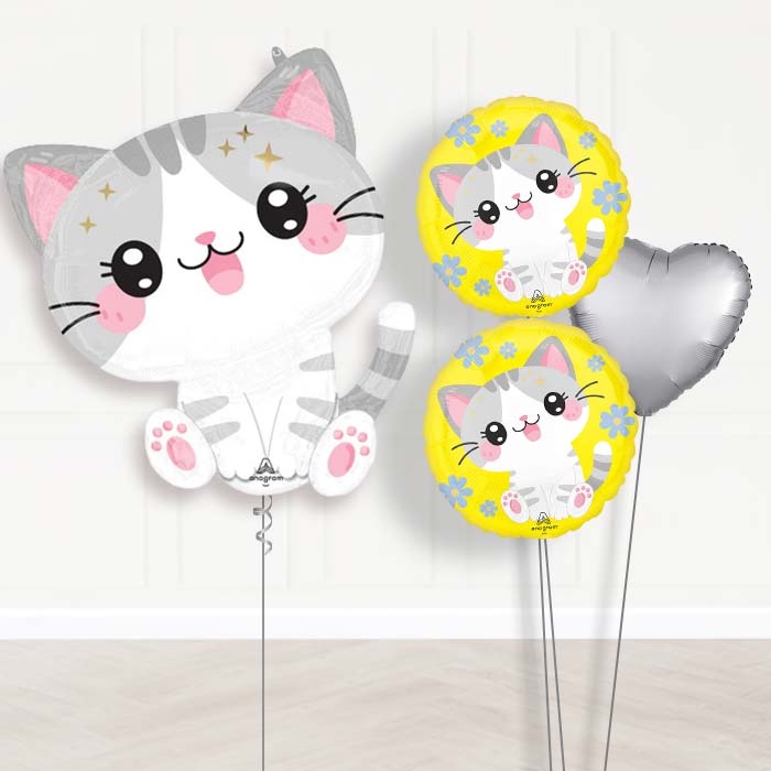 Kawaii Kitten Balloon Bouquet Delivery-Giant Balloon + 2 Themed Balloons + 1 Plain Balloon 