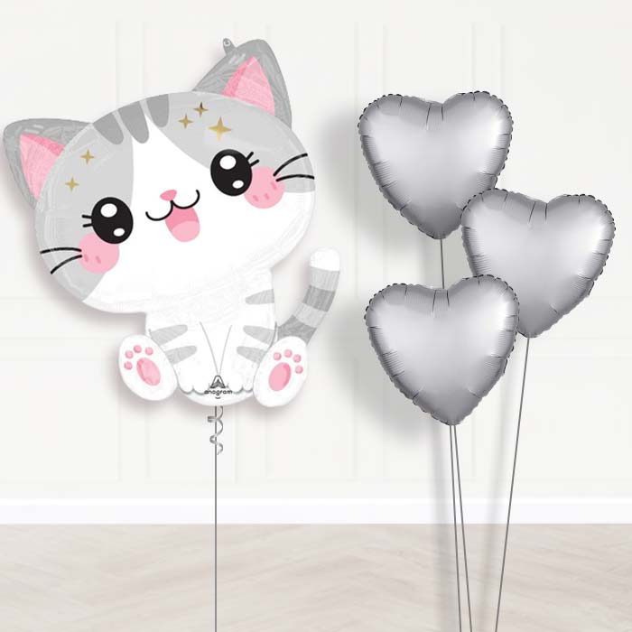 Kawaii Kitten Balloon Bouquet Delivery - 1 x Giant Balloon with Plain Bouquet | Party Save Smile