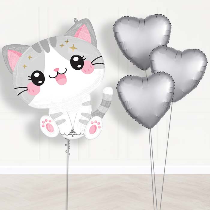 Kawaii Kitten Balloon Bouquet Delivery - 1 x Giant Balloon with Plain Bouquet | Party Save Smile