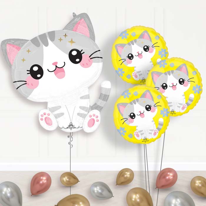Kawaii Kitten Balloon Bouquet Delivery - 1 x Giant Balloon with Themed Bouquet and Latex| Party Save Smile