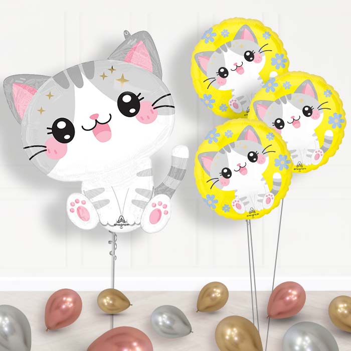 Kawaii Kitten Balloon Bouquet Delivery - 1 x Giant Balloon with Themed Bouquet and Latex | Party Save Smile
