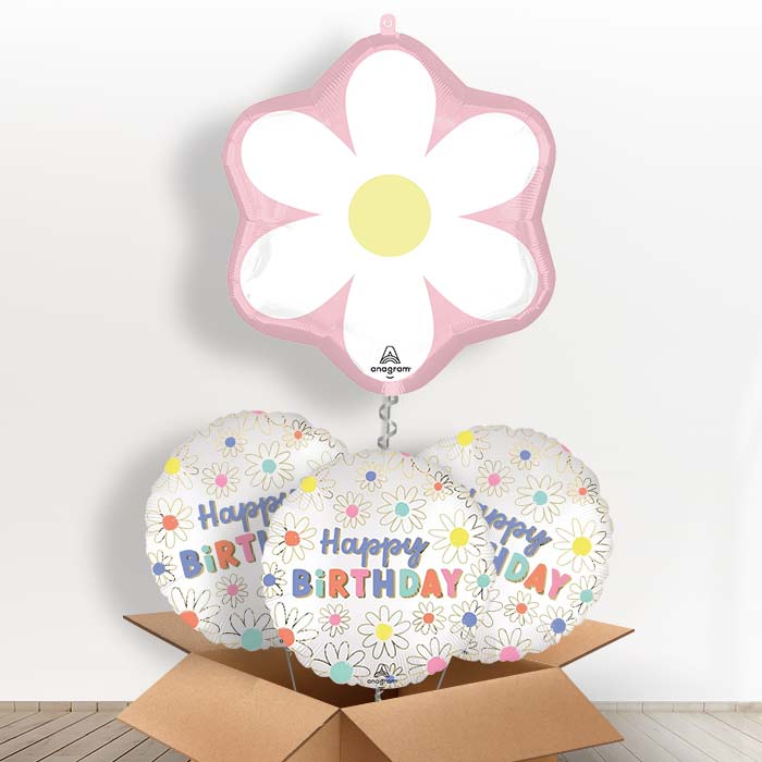 Pink Daisy Helium Balloon in a Box - with 3 Themed Balloons | Party Save Smile