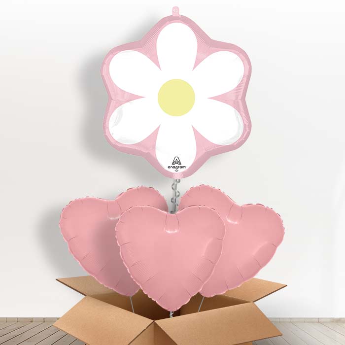 Pink Daisy Helium Balloon in a Box - with 3 Plain Balloons | Party Save Smile