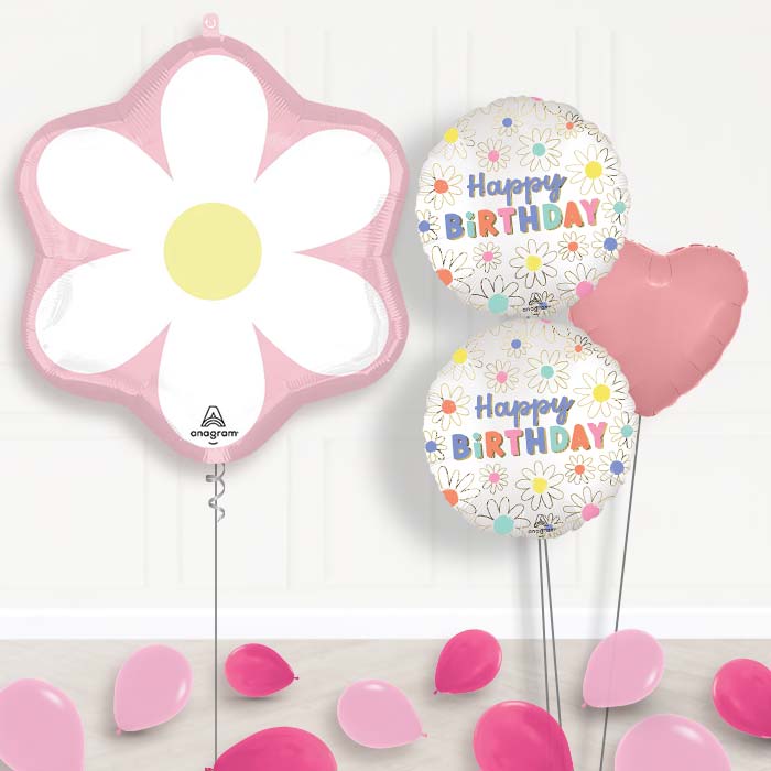 Pink Daisy Balloon Bouquet Delivery-Giant Balloon + 2 Themed Balloons + 1 Plain Balloon + Mini Balloons 