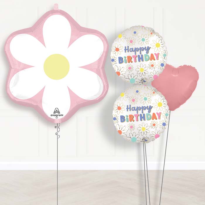 Pink Daisy Balloon Bouquet Delivery-Giant Balloon + 2 Themed Balloons + 1 Plain Balloon 