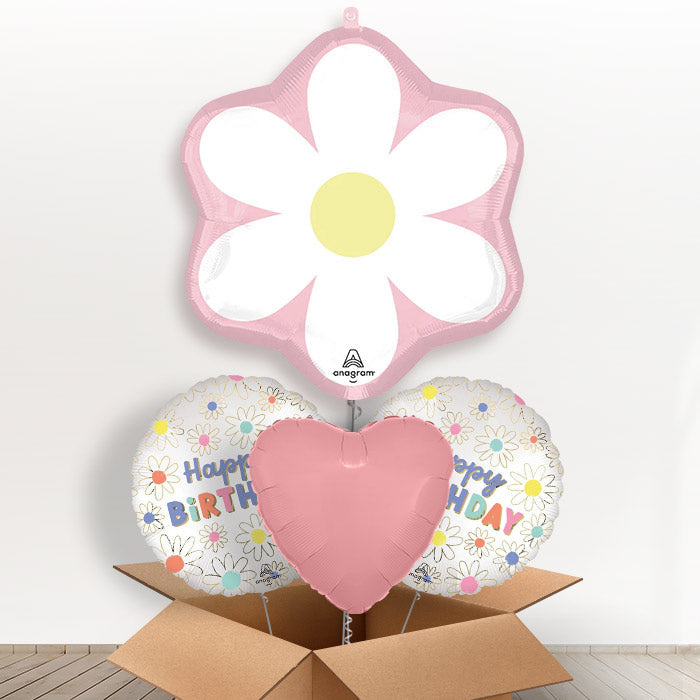 Pink Daisy Helium Balloon in a Box-1 x Giant Balloon and 2 Themed Balloons and 1 Plain Balloon 