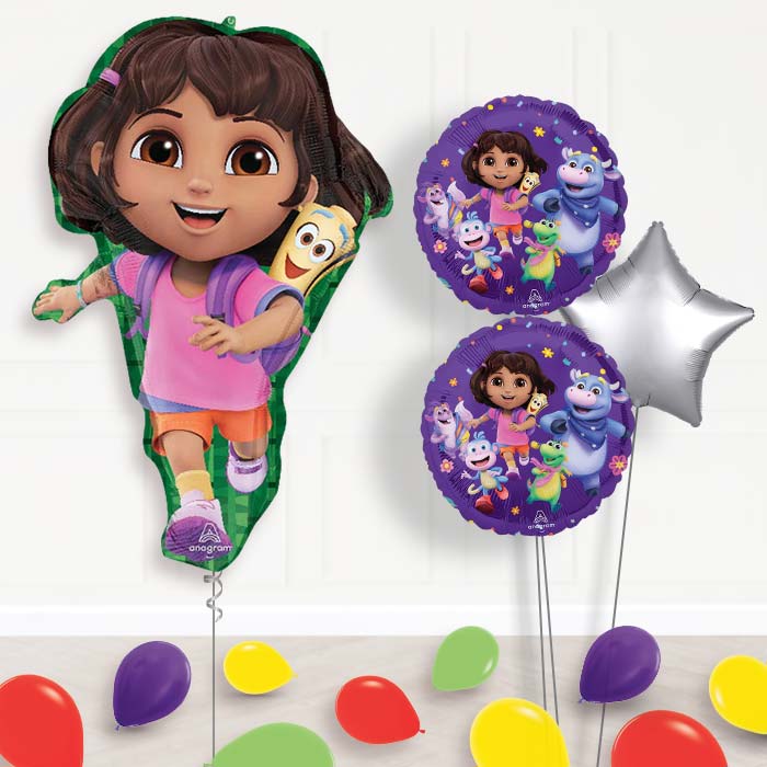 Dora the Explorer Balloon Bouquet Delivery-Giant Balloon + 2 Themed Balloons + 1 Plain Balloon + Mini Balloons 