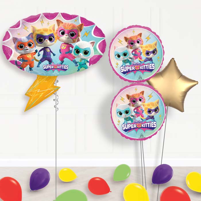 Super Kitties Balloon Bouquet Delivery-Giant Balloon + 2 Themed Balloons + 1 Plain Balloon + Mini Balloons 