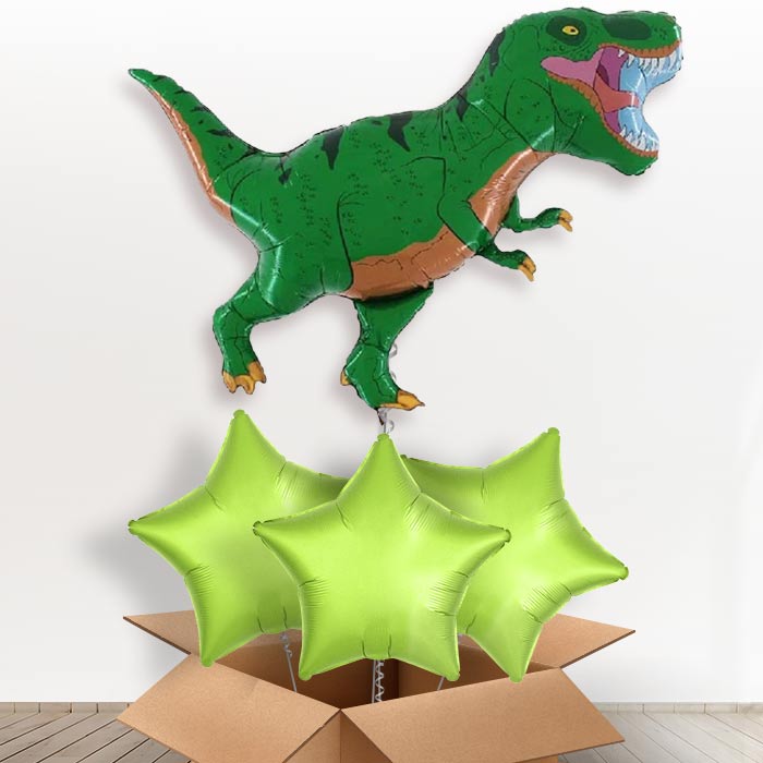 Giant Green T Rex Helium Balloon in a Box - With 3 Plain Balloons | Party Save Smile