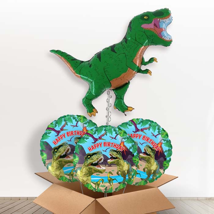 Giant Green T Rex Helium Balloon in a Box - With 3 Themed Balloons | Party Save Smile