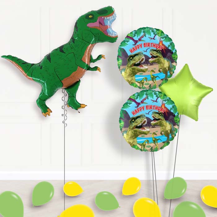 Green T-Rex Dinosaur Balloon Displays-Giant Balloon + 2 Themed Balloons + 1 Plain Balloon + Mini Balloons 