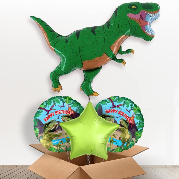 Giant Green T Rex Helium Balloon in a Box-1 x Giant Balloon and 2 Themed Balloons and 1 Plain Balloon 