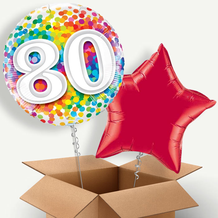 Colourful Confetti 80th Birthday Helium Balloon Duo | Party Save Smile