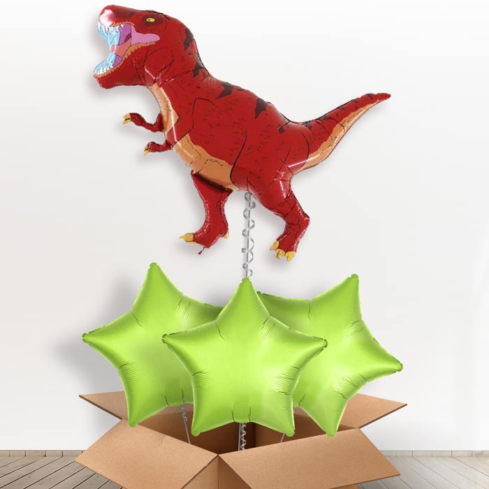 Red T Rex Dinosaur Helium Balloons in a Box - With 3 Plain Balloons | Party Save Smile