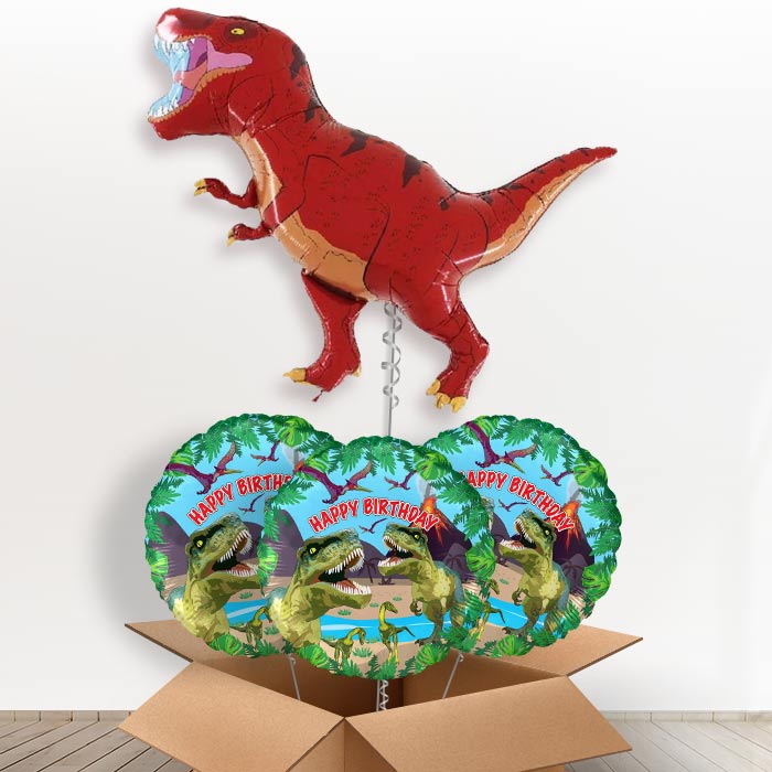 Red T Rex Dinosaur Helium Balloons in a Box - With 3 Themed Balloons | Party Save Smile