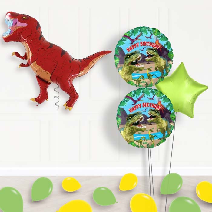 Giant T Rex Balloon Bouquet in a Box Gift-Giant Balloon + 2 Themed Balloons + 1 Plain Balloon + Mini Balloons 