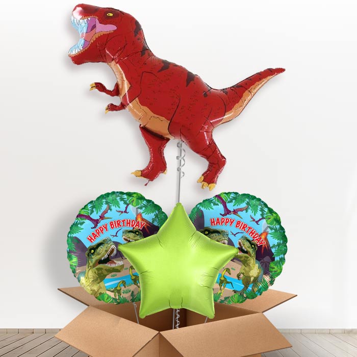Red T Rex Dinosaur Helium Balloons in a Box-1 x Giant Balloon and 2 Themed Balloons and 1 Plain Balloon 