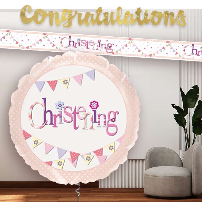 Pink Bunting Christening Balloon and Banners - Party Save Smile