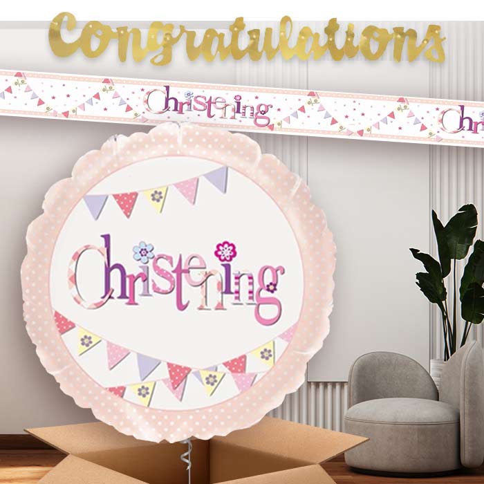 Pink Bunting Christening Balloon and Banners | Party Save Smile