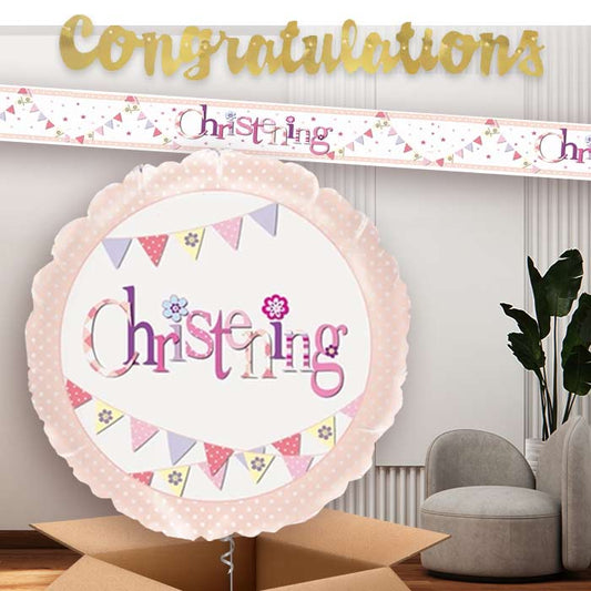 Pink Bunting Christening Balloon and Banners | Party Save Smile