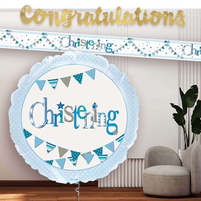Blue Bunting Christening Balloon and Banners
