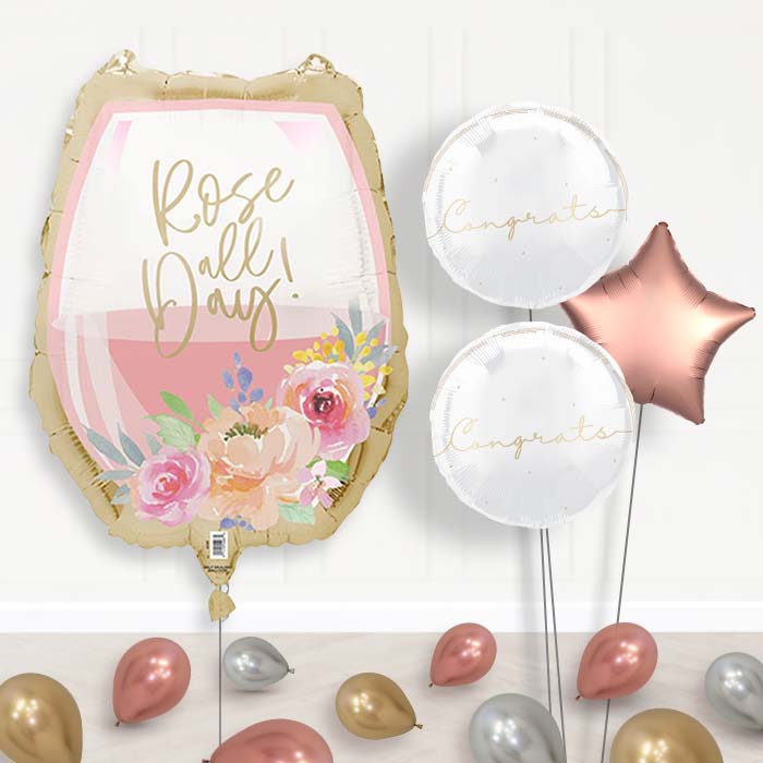 Rose All Day Wine Glass Balloon Bouquet Delivery | Giant Balloon + 2 Themed Balloons + 1 Plain Balloon + Mini Balloons | Party Save Smile
