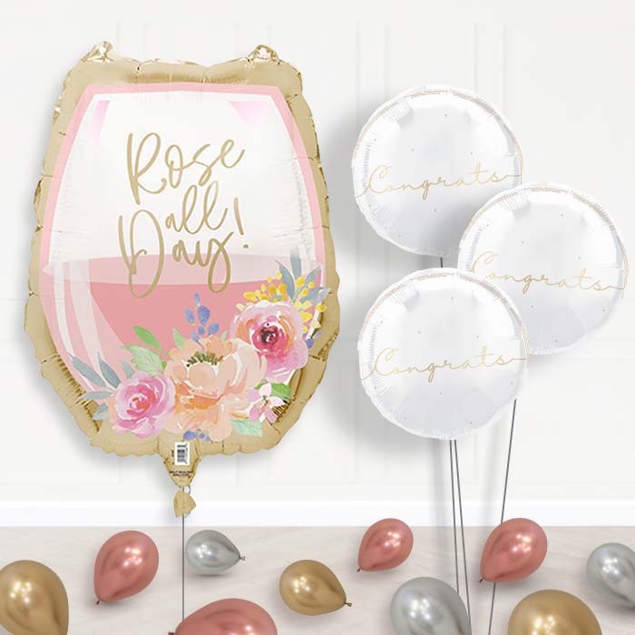Rose All Day Wine Glass Balloon Bouquet Delivery | Giant Balloon + 3 Themed Balloons + Mini Balloons | Party Save Smile
