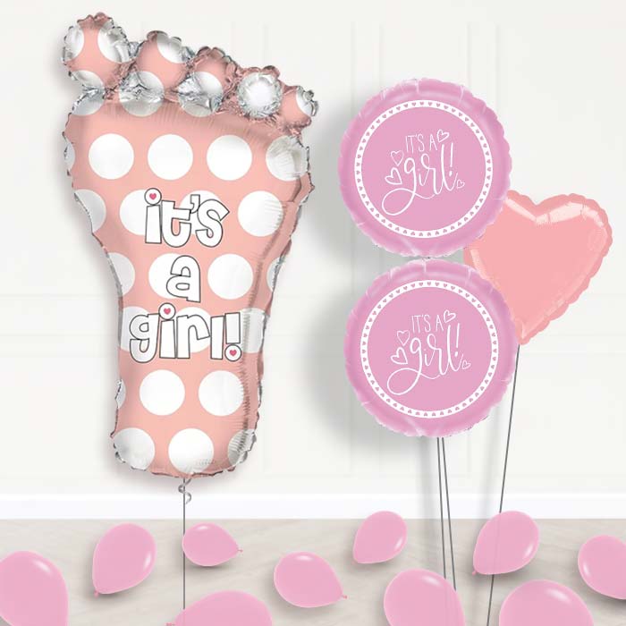 Its a Baby Girl Balloon Bouquet Delivered-Giant Balloon + 2 Themed Balloons + 1 Plain Balloon + Mini Balloons 