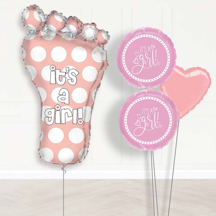 Its a Baby Girl Balloon Bouquet Delivered-Giant Balloon + 2 Themed Balloons + 1 Plain Balloon 