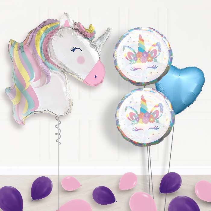 Pastel Unicorn Bouquet Balloons in a Box-Giant Balloon + 2 Themed Balloons + 1 Plain Balloon + Mini Balloons 