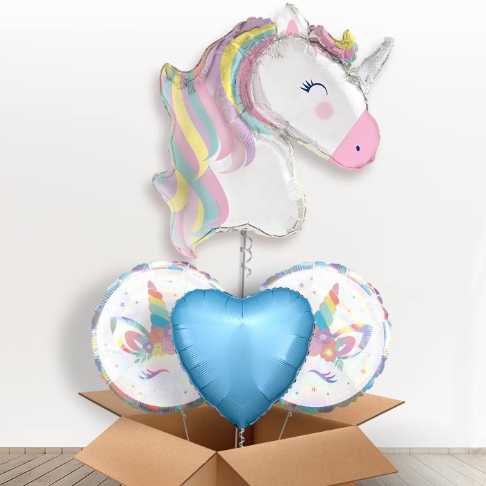 Giant Pastel Unicorn Helium Balloon in a Box-1 x Giant Balloon and 2 Themed Balloons and 1 Plain Balloon 