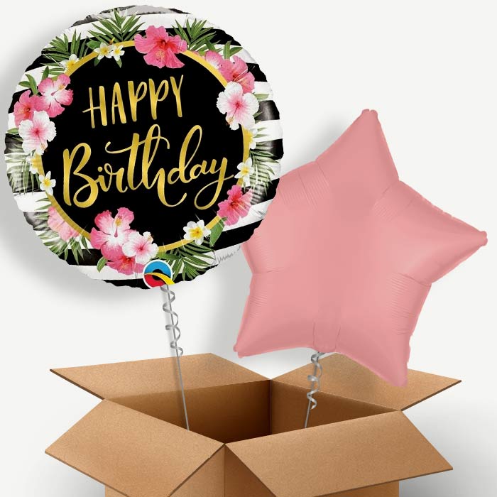 Floral Tropical Happy Birthday Helium Balloon Duo | Party Save Smile