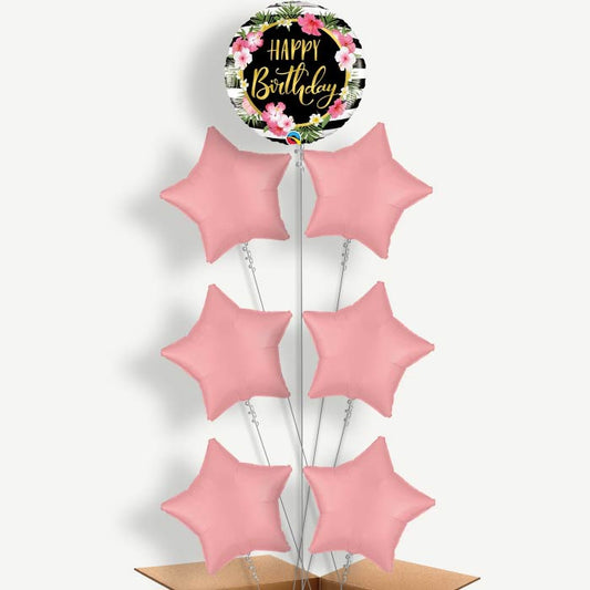 Floral Tropical Happy Birthday Helium Balloon Arrangement | Party Save Smile