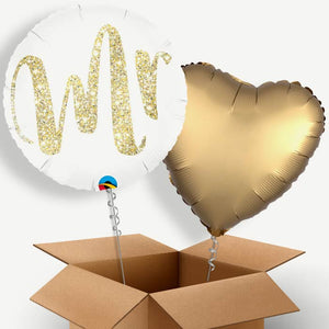 Gold & White Mr Wedding Helium Balloon Duo