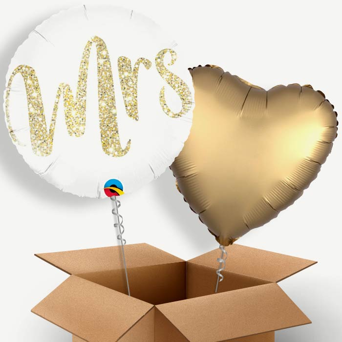 Gold & White Mrs Wedding Helium Balloon Duo | Party Save Smile