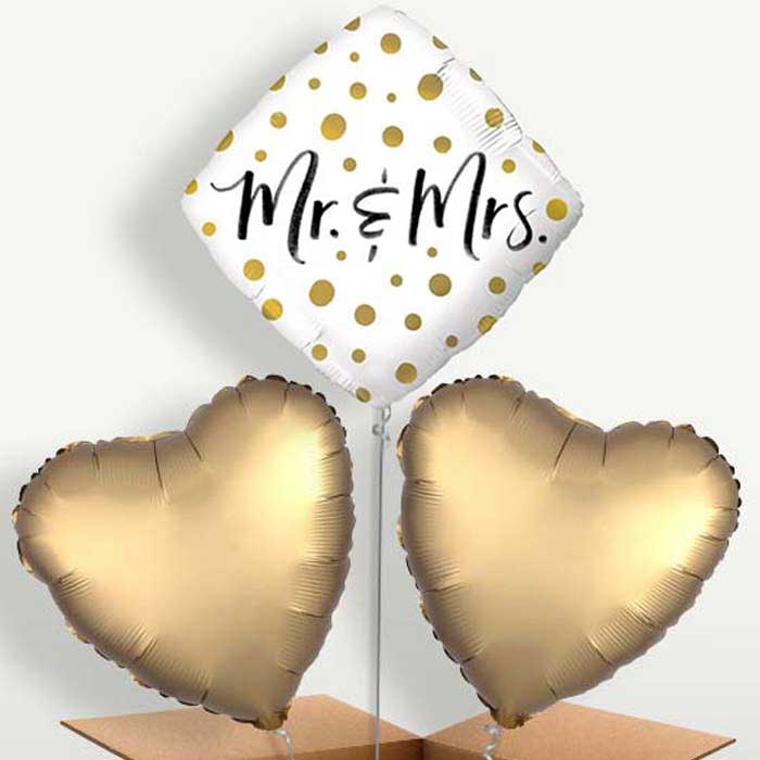 Mr & Mrs Gold Balloon Bunches inflated with Helium | Party Save Smile