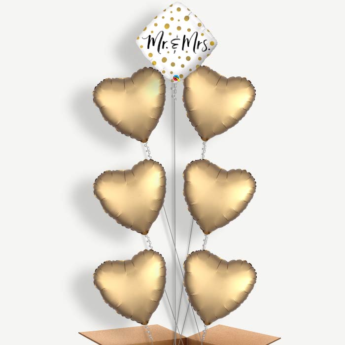 Mr & Mrs Gold Balloon Arrangement Inflated with Helium | Party Save Smile